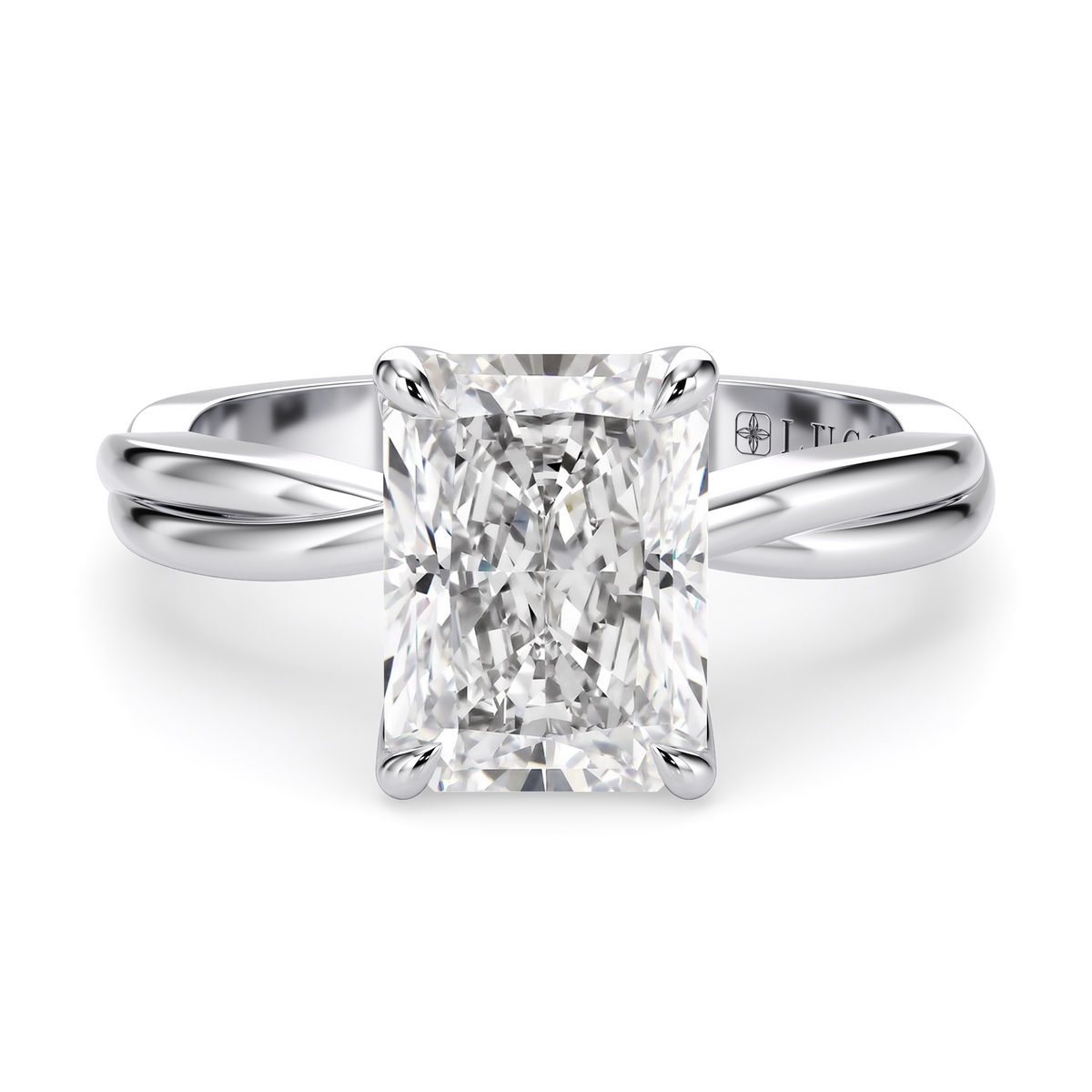 Load image into Gallery viewer, LUCCE Twisting Radiant Solitaire Diamond Engagement Ring with Petal Prongs in Gold or Platinum
