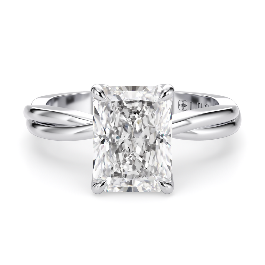 Load image into Gallery viewer, LUCCE Twisting Radiant Solitaire Diamond Engagement Ring with Petal Prongs in Gold or Platinum
