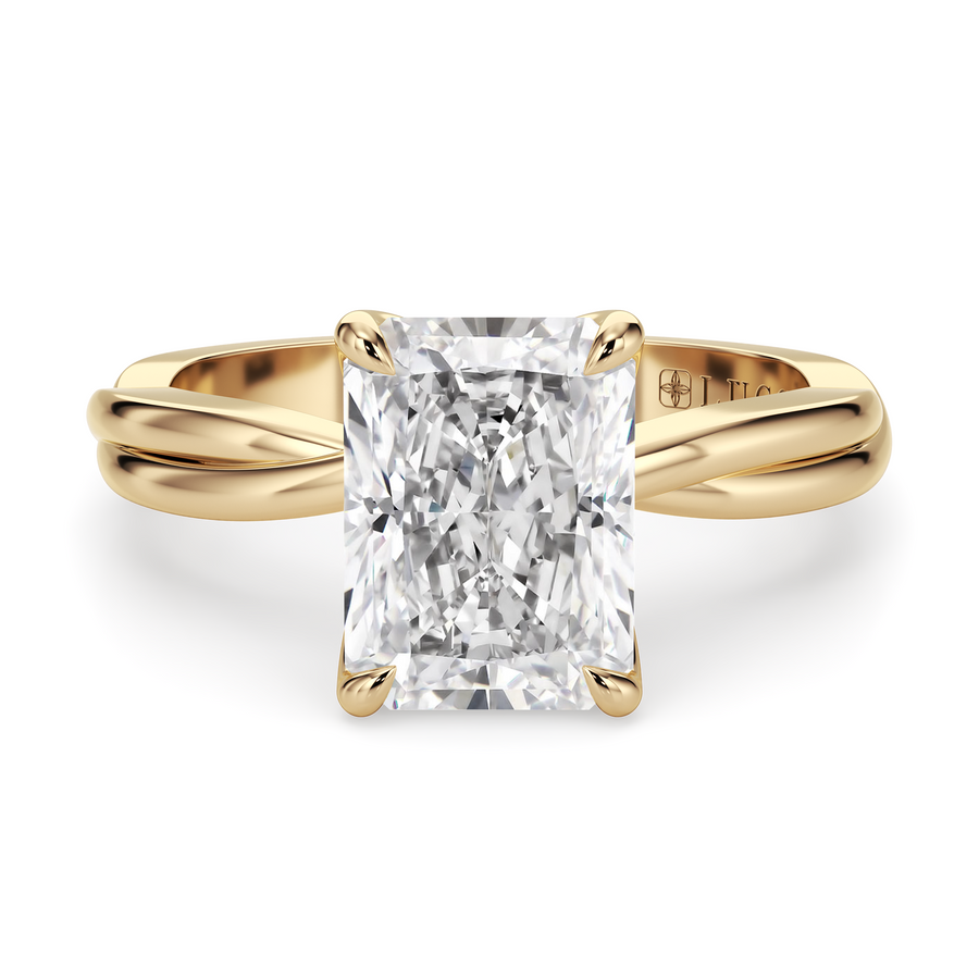 Load image into Gallery viewer, LUCCE Twisting Radiant Solitaire Diamond Engagement Ring with Petal Prongs in Gold or Platinum
