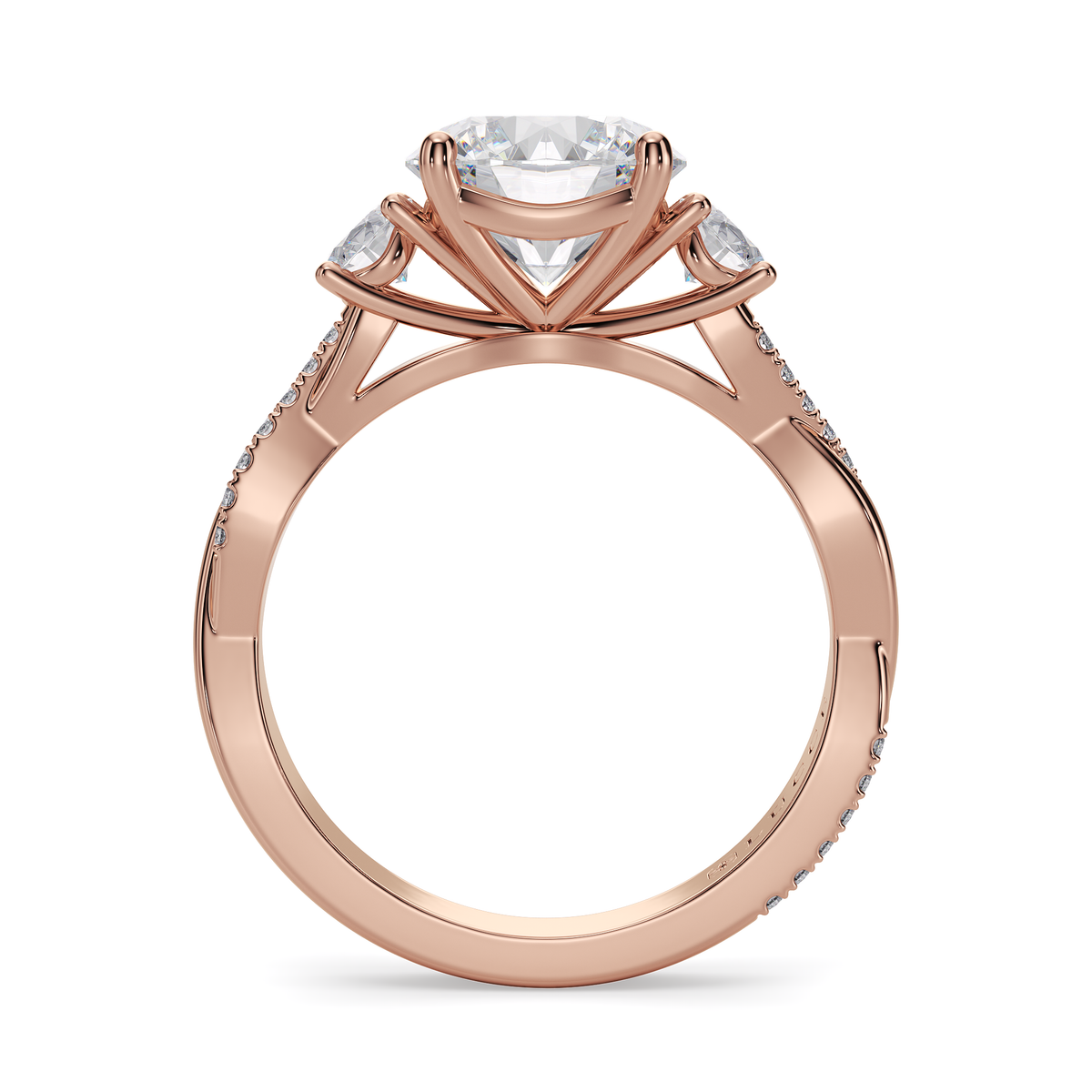 Load image into Gallery viewer, LUCCE Twisting Pavé Round Trilogy Diamond Engagement Ring with Petal Prongs in Gold or Platinum
