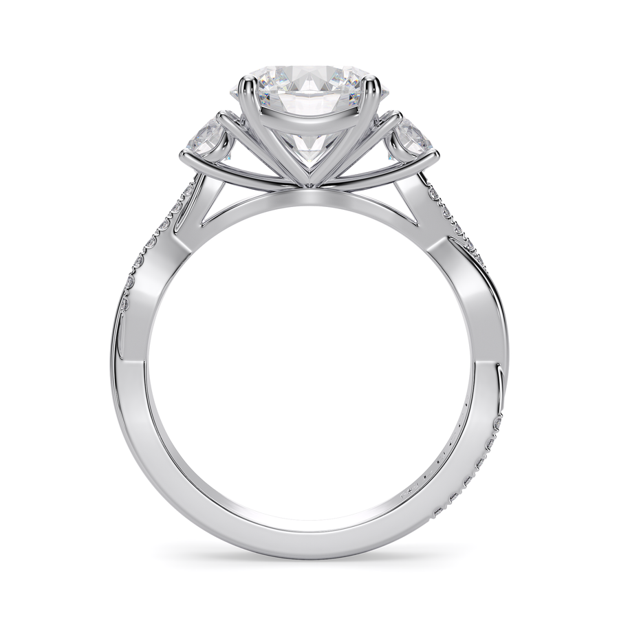 Load image into Gallery viewer, LUCCE Twisting Pavé Round Trilogy Diamond Engagement Ring with Petal Prongs in Gold or Platinum

