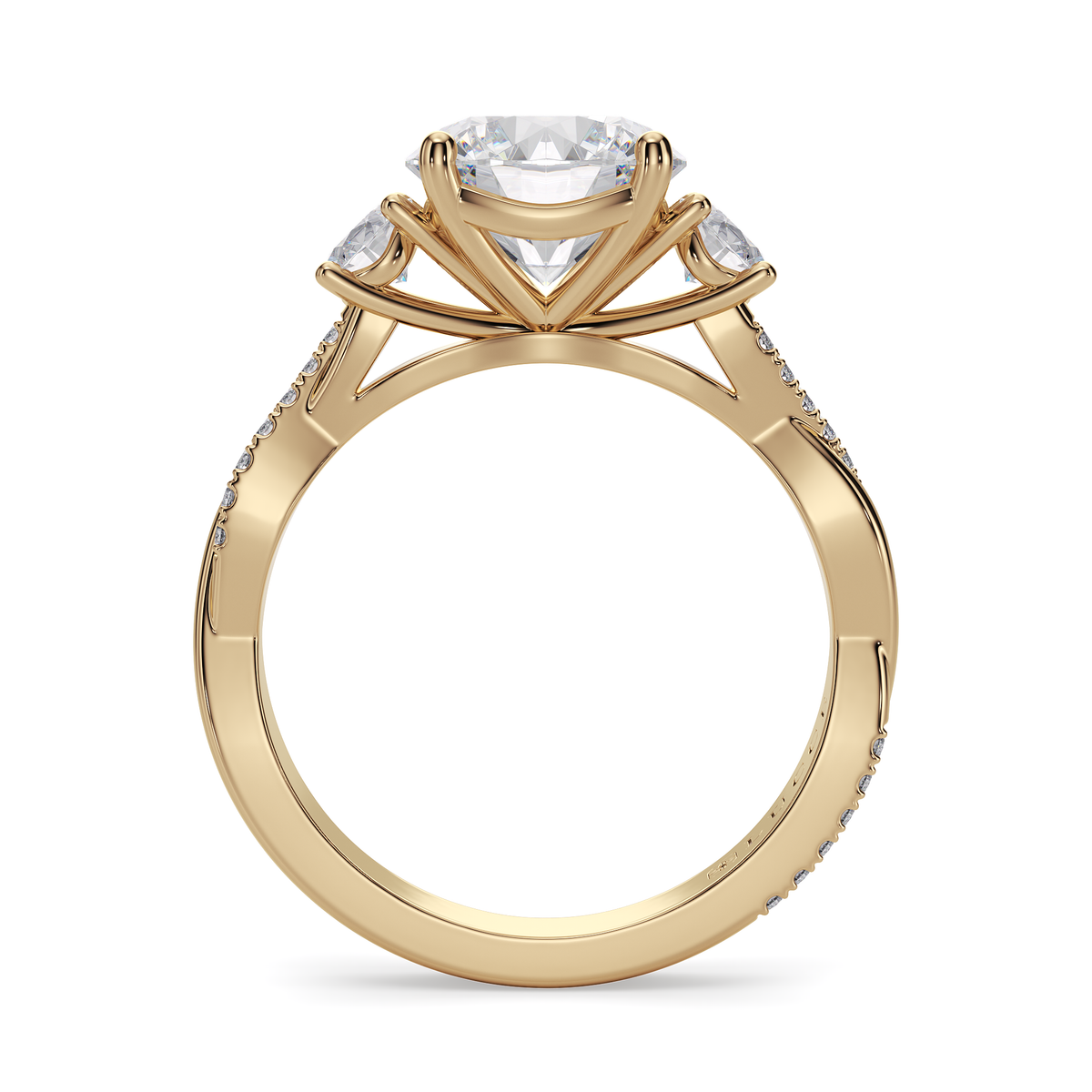 Load image into Gallery viewer, LUCCE Twisting Pavé Round Trilogy Diamond Engagement Ring with Petal Prongs in Gold or Platinum
