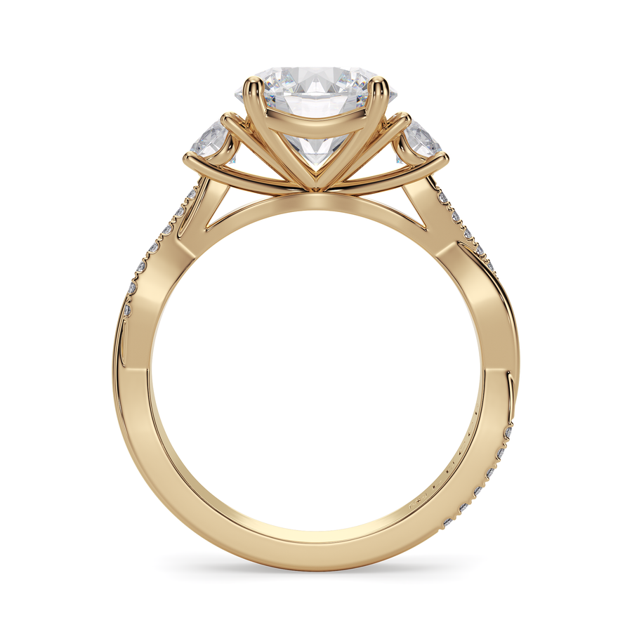 Load image into Gallery viewer, LUCCE Twisting Pavé Round Trilogy Diamond Engagement Ring with Petal Prongs in Gold or Platinum
