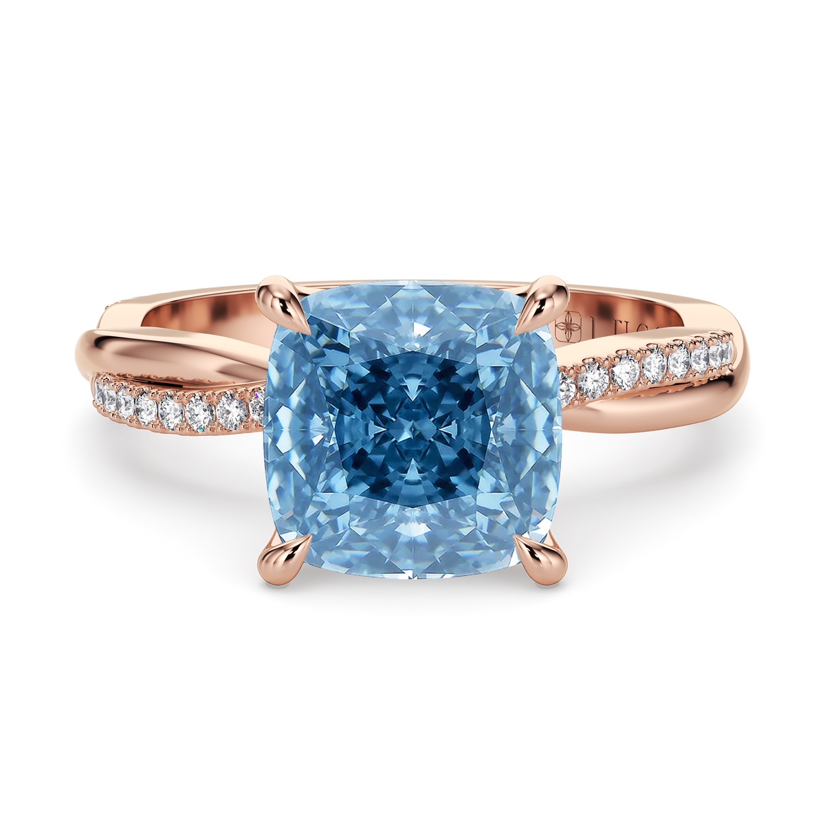 Load image into Gallery viewer, LUCCE Twisting Cushion Pavé Blue Diamond Engagement Ring with Petal Prongs in Gold or Platinum
