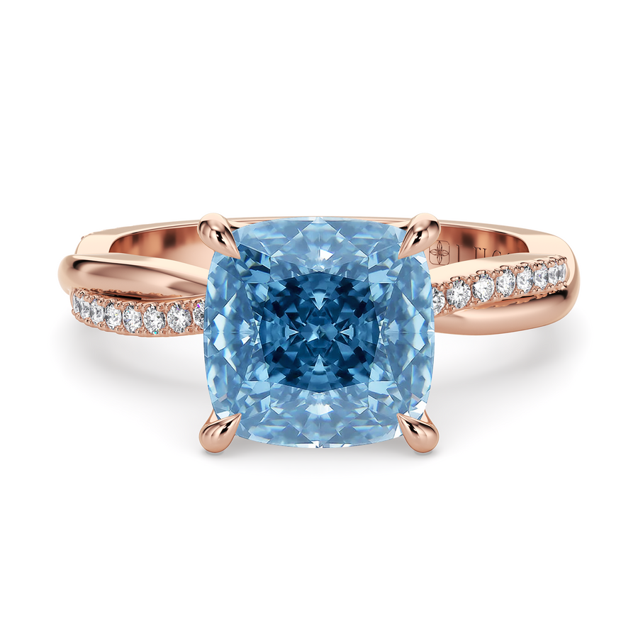 Load image into Gallery viewer, LUCCE Twisting Cushion Pavé Blue Diamond Engagement Ring with Petal Prongs in Gold or Platinum
