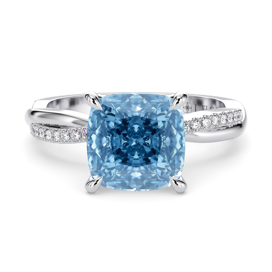 Load image into Gallery viewer, LUCCE Twisting Cushion Pavé Blue Diamond Engagement Ring with Petal Prongs in Gold or Platinum
