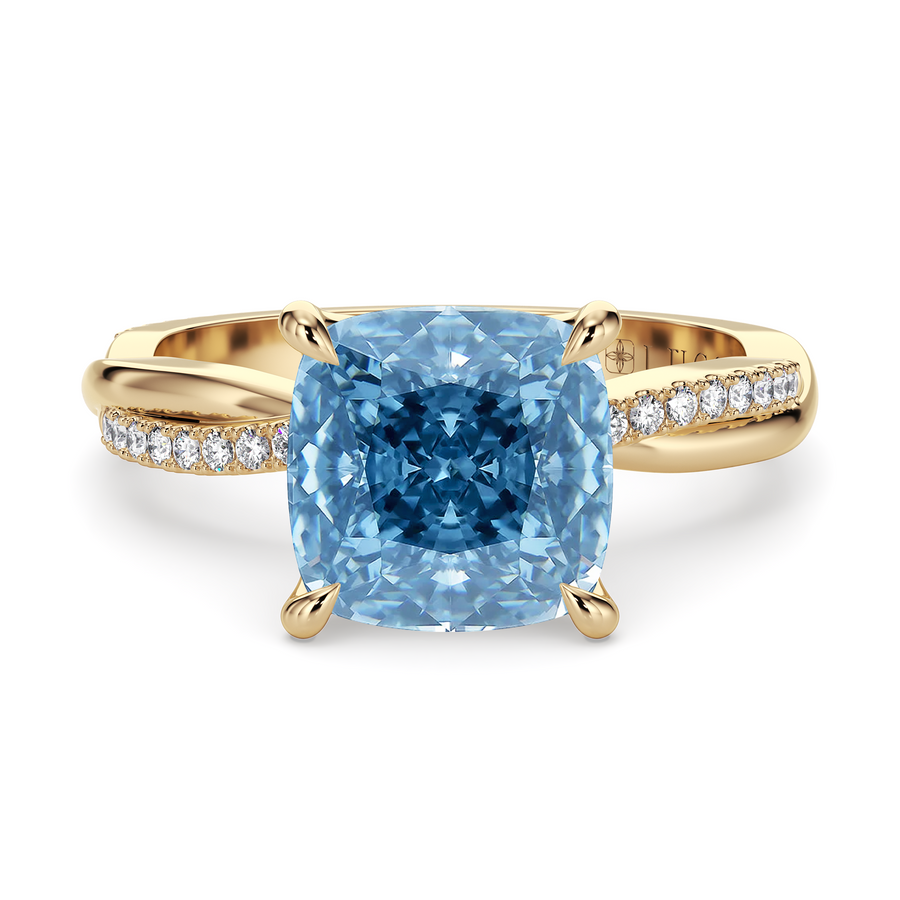 Load image into Gallery viewer, LUCCE Twisting Cushion Pavé Blue Diamond Engagement Ring with Petal Prongs in Gold or Platinum
