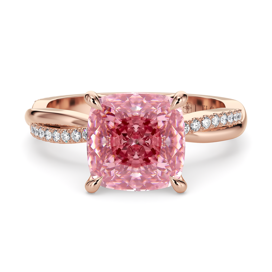 Load image into Gallery viewer, LUCCE Twisting Cushion Pavé Pink Diamond Engagement Ring with Petal Prongs in Gold or Platinum
