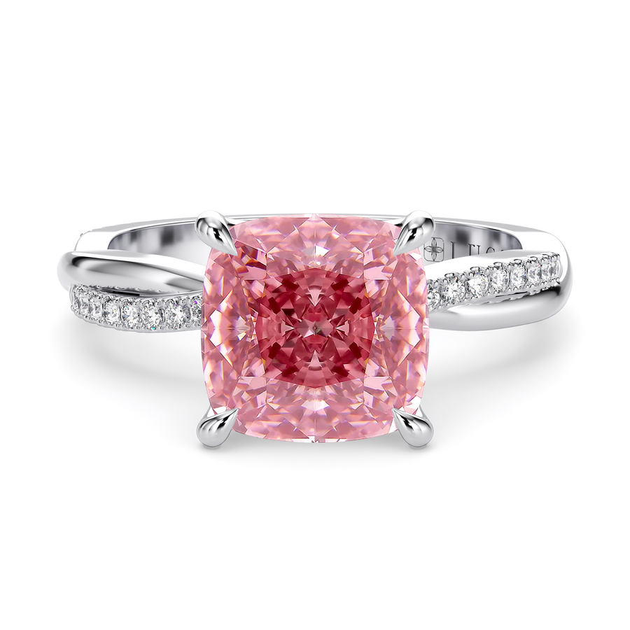Load image into Gallery viewer, LUCCE Twisting Cushion Pavé Pink Diamond Engagement Ring with Petal Prongs in Gold or Platinum
