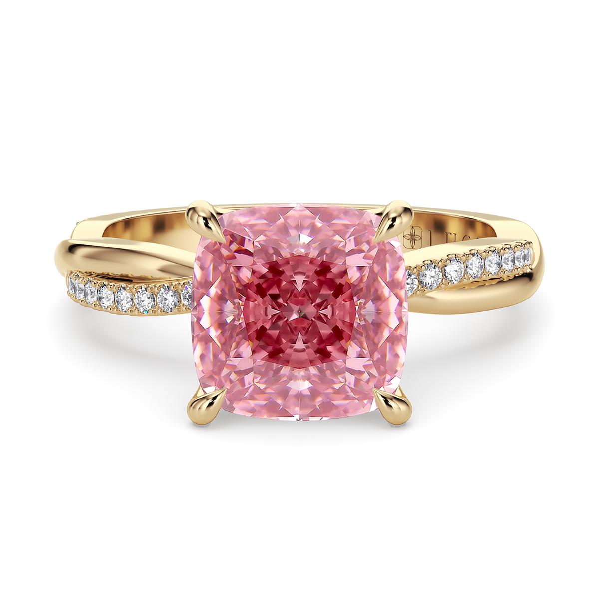 Load image into Gallery viewer, LUCCE Twisting Cushion Pavé Pink Diamond Engagement Ring with Petal Prongs in Gold or Platinum
