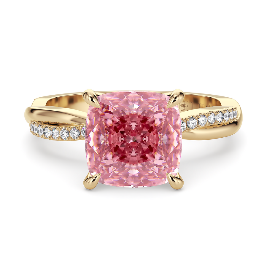Load image into Gallery viewer, LUCCE Twisting Cushion Pavé Pink Diamond Engagement Ring with Petal Prongs in Gold or Platinum

