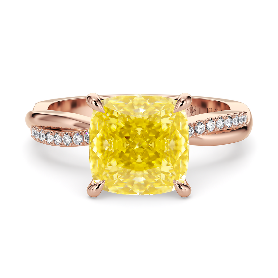 Load image into Gallery viewer, LUCCE Twisting Cushion Pavé Yellow Diamond Engagement Ring with Petal Prongs in Gold or Platinum
