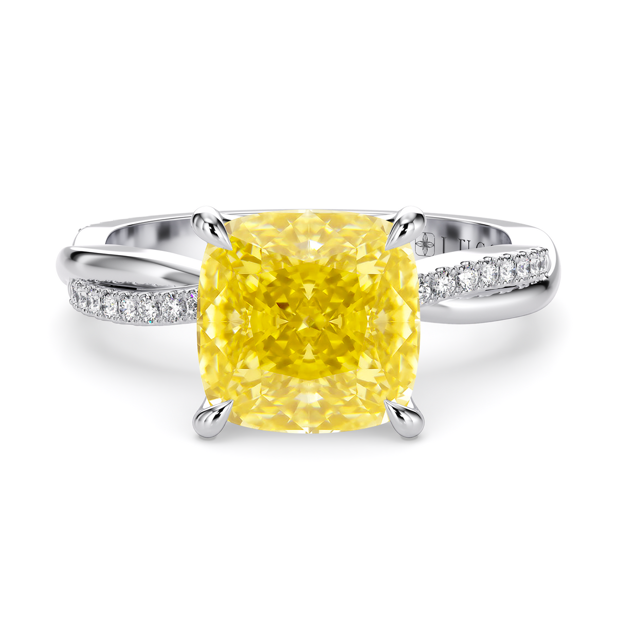 Load image into Gallery viewer, LUCCE Twisting Cushion Pavé Yellow Diamond Engagement Ring with Petal Prongs in Gold or Platinum
