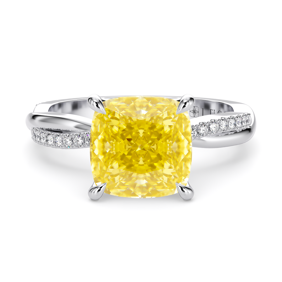 Load image into Gallery viewer, LUCCE Twisting Cushion Pavé Yellow Diamond Engagement Ring with Petal Prongs in Gold or Platinum
