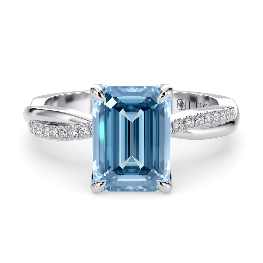 Load image into Gallery viewer, LUCCE Twisting Emerald Pavé Blue Diamond Engagement Ring with Petal Prongs in Gold or Platinum
