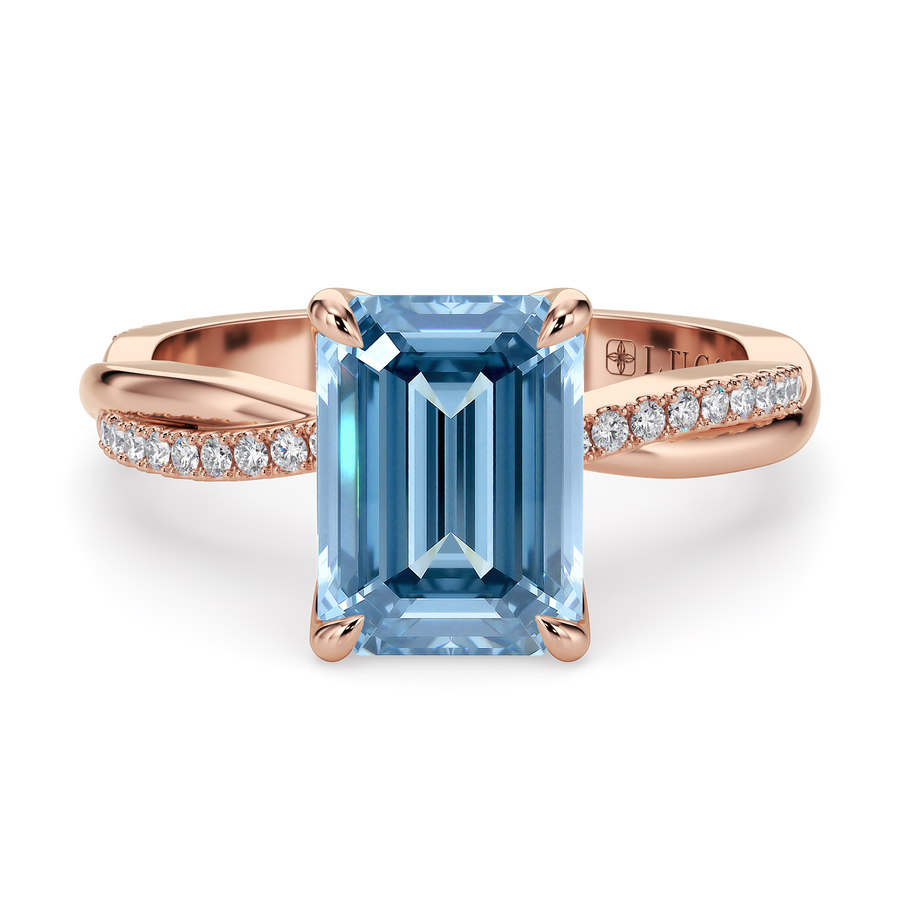Load image into Gallery viewer, LUCCE Twisting Emerald Pavé Blue Diamond Engagement Ring with Petal Prongs in Gold or Platinum
