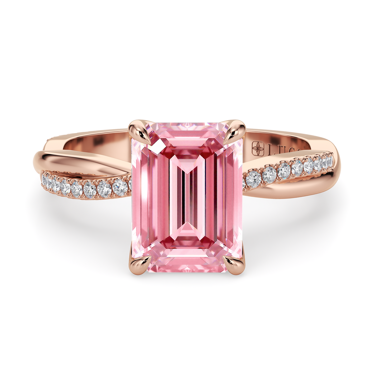 Load image into Gallery viewer, LUCCE Twisting Emerald Pavé Pink Diamond Engagement Ring with Petal Prongs in Gold or Platinum
