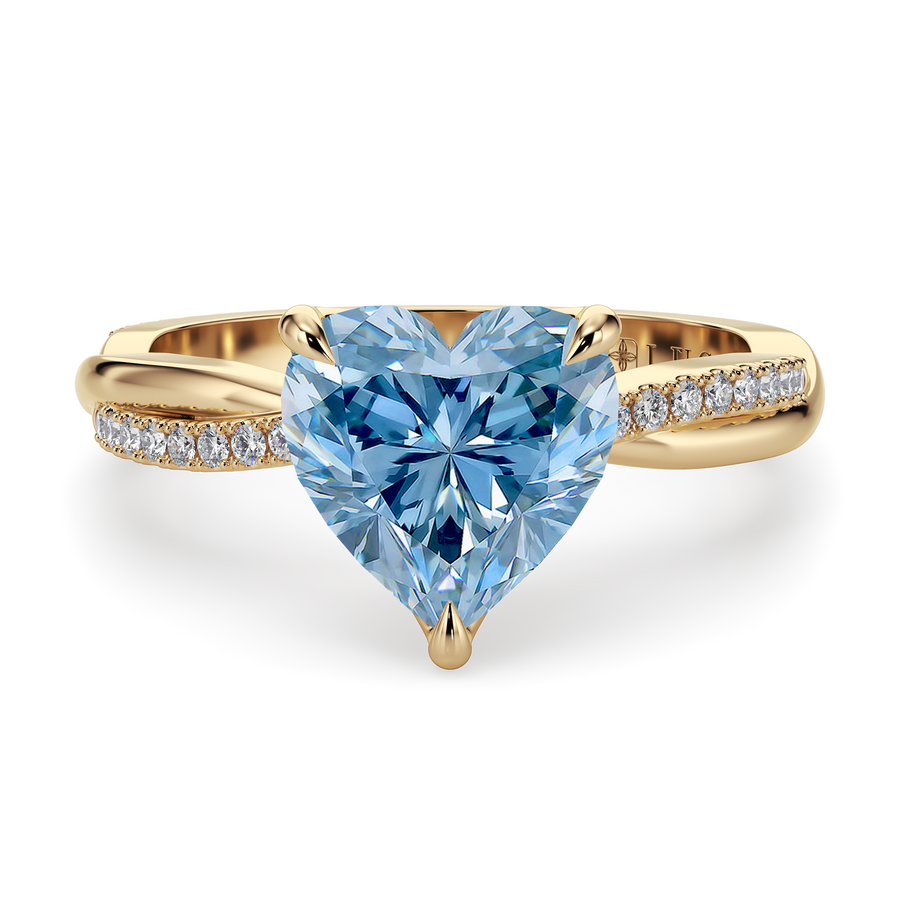 Load image into Gallery viewer, LUCCE Twisting Pavé Heart Blue Diamond Engagement Ring with Petal Prongs in Gold or Platinum

