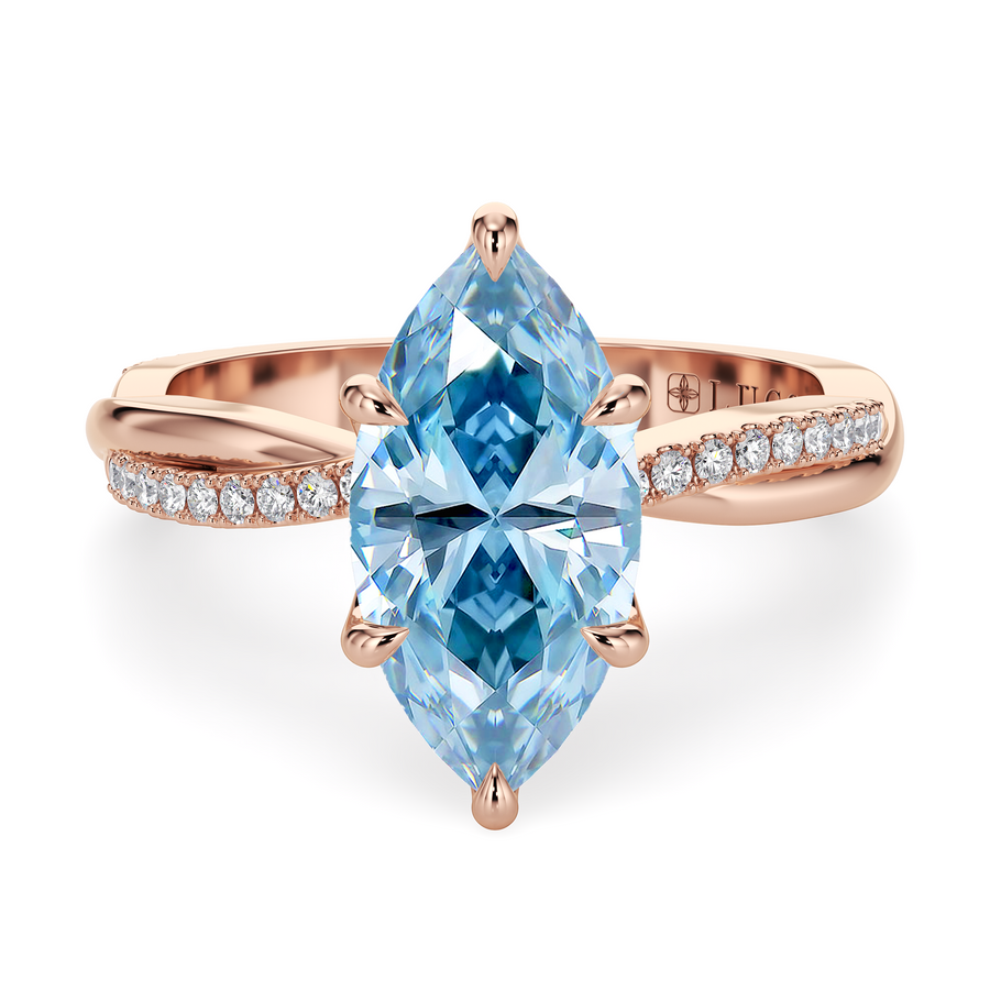 Load image into Gallery viewer, LUCCE Twisting Marquise Pavé Blue Diamond Engagement Ring with Petal Prongs in Gold or Platinum
