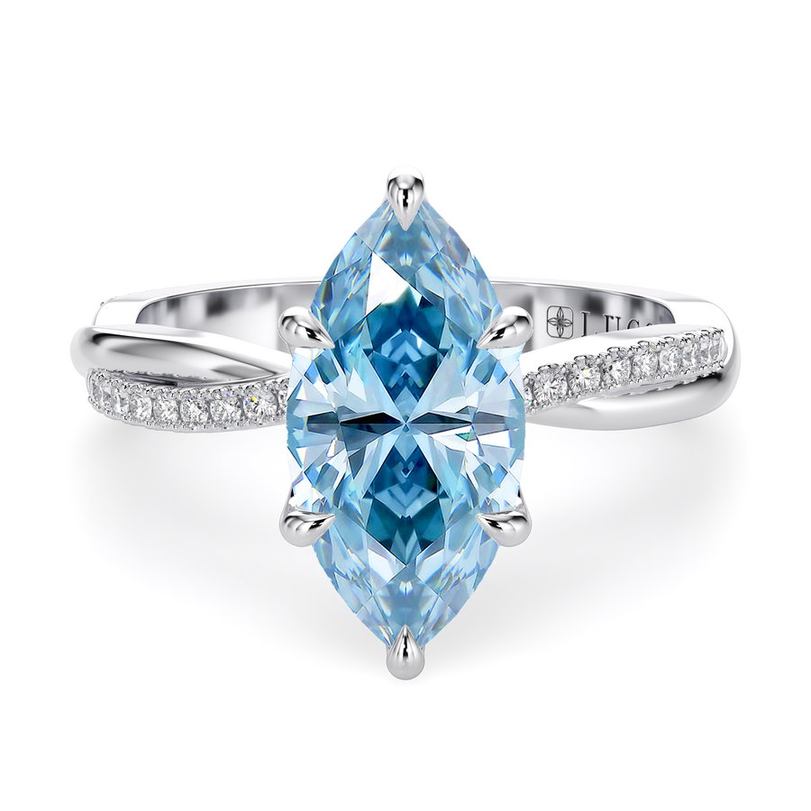 Load image into Gallery viewer, LUCCE Twisting Marquise Pavé Blue Diamond Engagement Ring with Petal Prongs in Gold or Platinum
