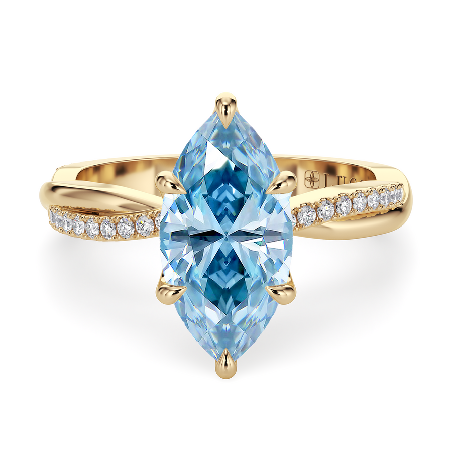 Load image into Gallery viewer, LUCCE Twisting Marquise Pavé Blue Diamond Engagement Ring with Petal Prongs in Gold or Platinum

