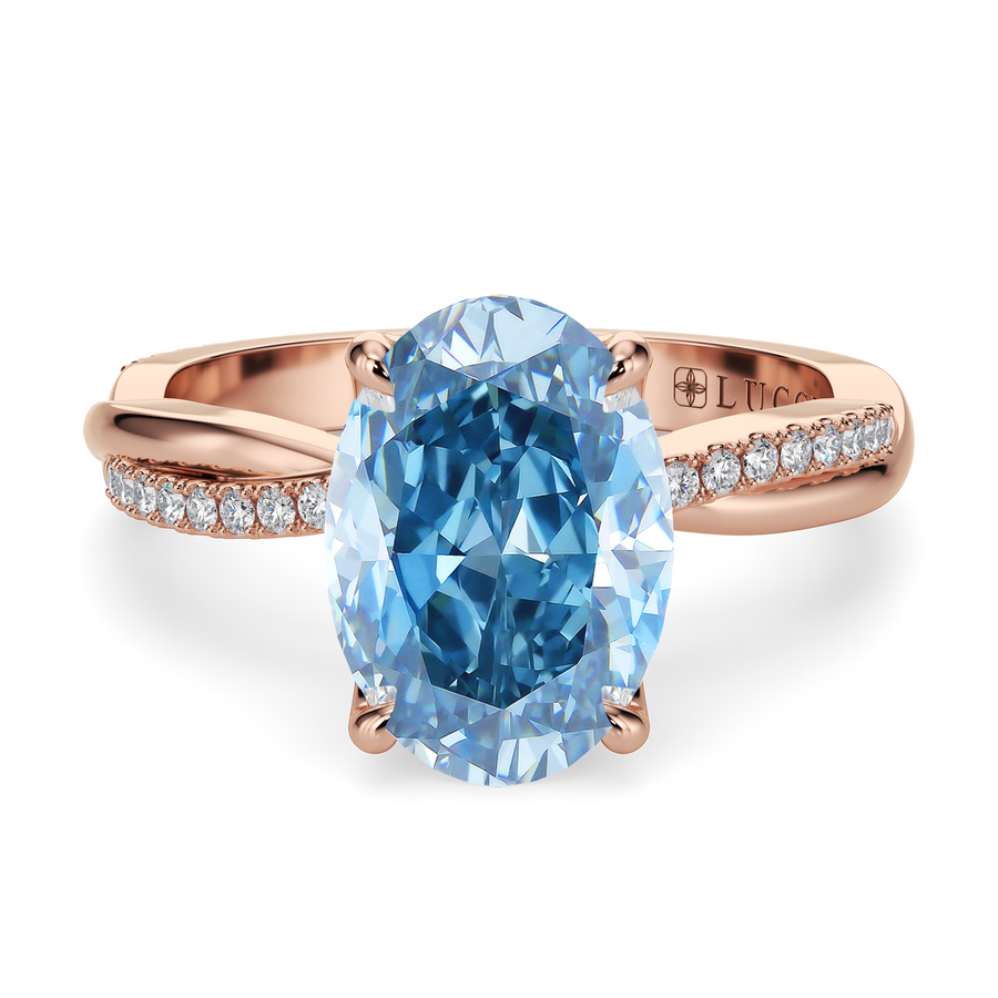 Load image into Gallery viewer, LUCCE Twisting Pavé Oval Blue  Diamond Engagement Ring with Petal Prongs in Gold or Platinum
