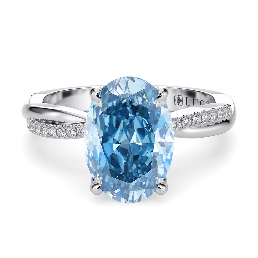 Load image into Gallery viewer, LUCCE Twisting Pavé Oval Blue  Diamond Engagement Ring with Petal Prongs in Gold or Platinum

