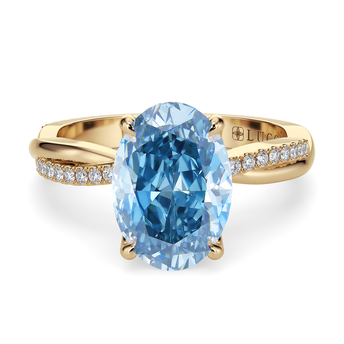 Load image into Gallery viewer, LUCCE Twisting Pavé Oval Blue  Diamond Engagement Ring with Petal Prongs in Gold or Platinum
