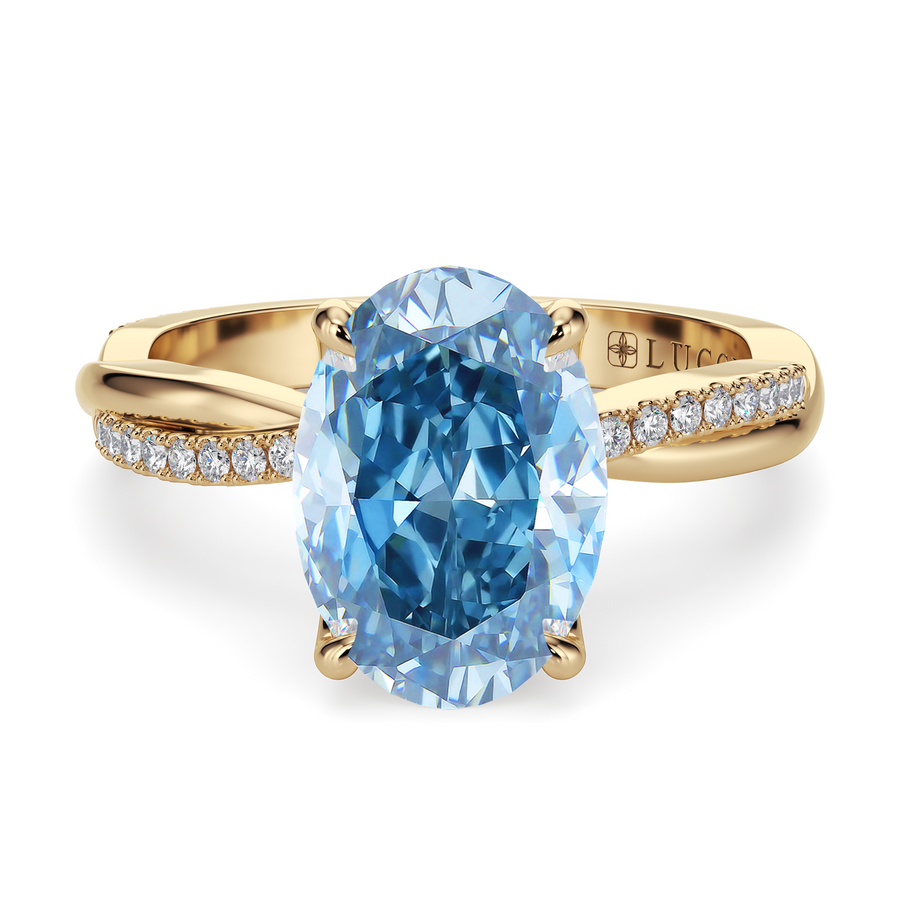 Load image into Gallery viewer, LUCCE Twisting Pavé Oval Blue  Diamond Engagement Ring with Petal Prongs in Gold or Platinum

