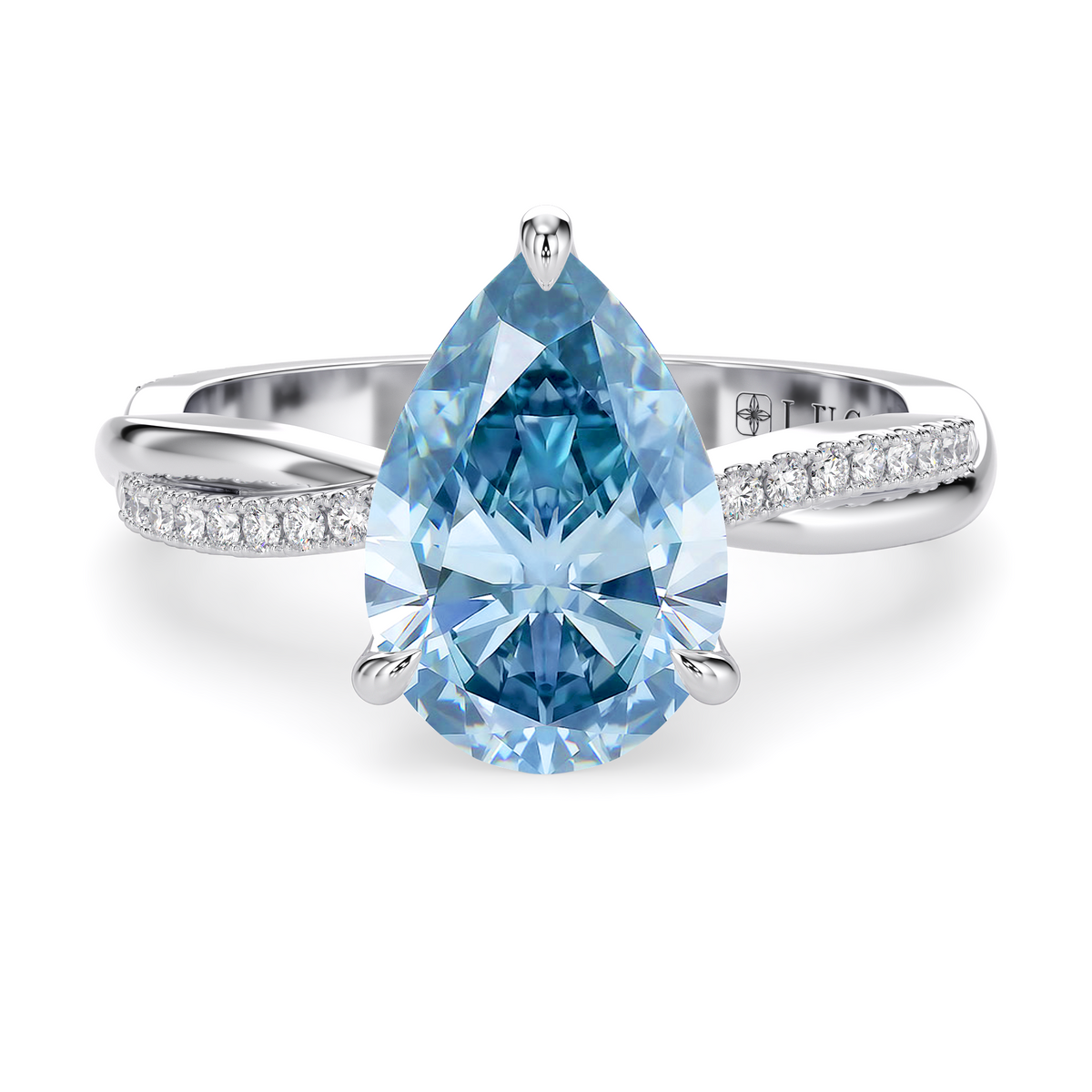 Load image into Gallery viewer, LUCCE Twisting Pear Pavé Blue Diamond Engagement Ring with Petal Prongs in Gold or Platinum
