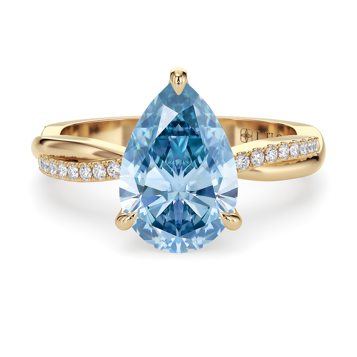 Load image into Gallery viewer, LUCCE Twisting Pear Pavé Blue Diamond Engagement Ring with Petal Prongs in Gold or Platinum
