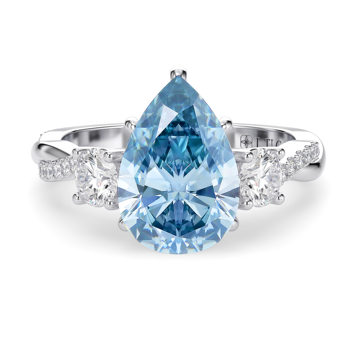 Load image into Gallery viewer, LUCCE Twisting Pear Pavé Trio Blue Diamond Engagement Ring with Petal Prongs in Gold or Platinum
