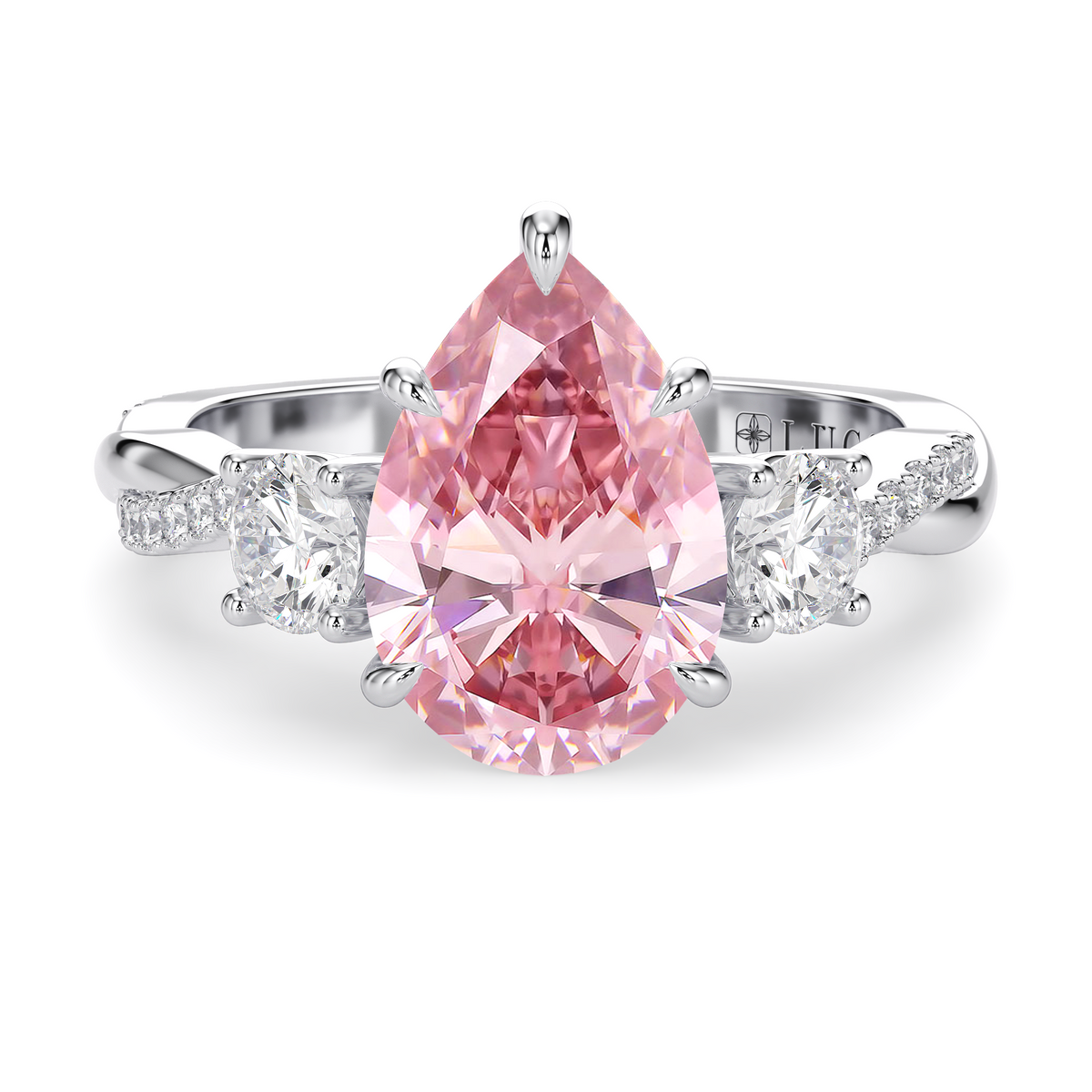 Load image into Gallery viewer, LUCCE Twisting Pear Pavé Trio Pink Diamond Engagement Ring with Petal Prongs in Gold or Platinum

