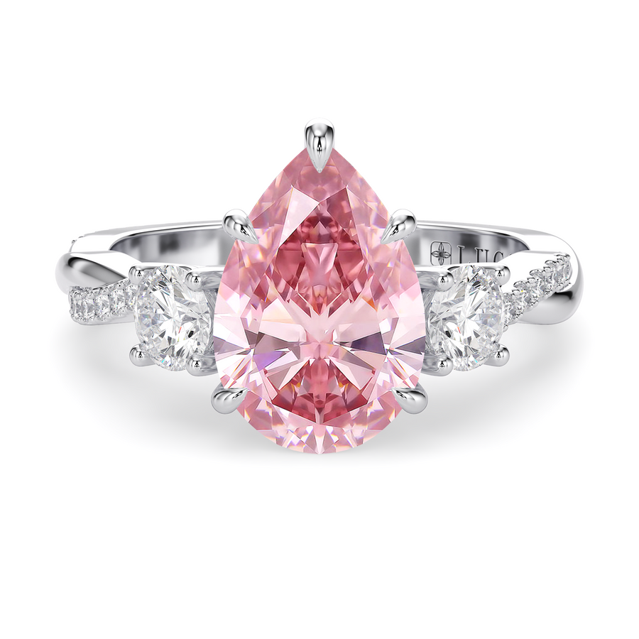 Load image into Gallery viewer, LUCCE Twisting Pear Pavé Trio Pink Diamond Engagement Ring with Petal Prongs in Gold or Platinum
