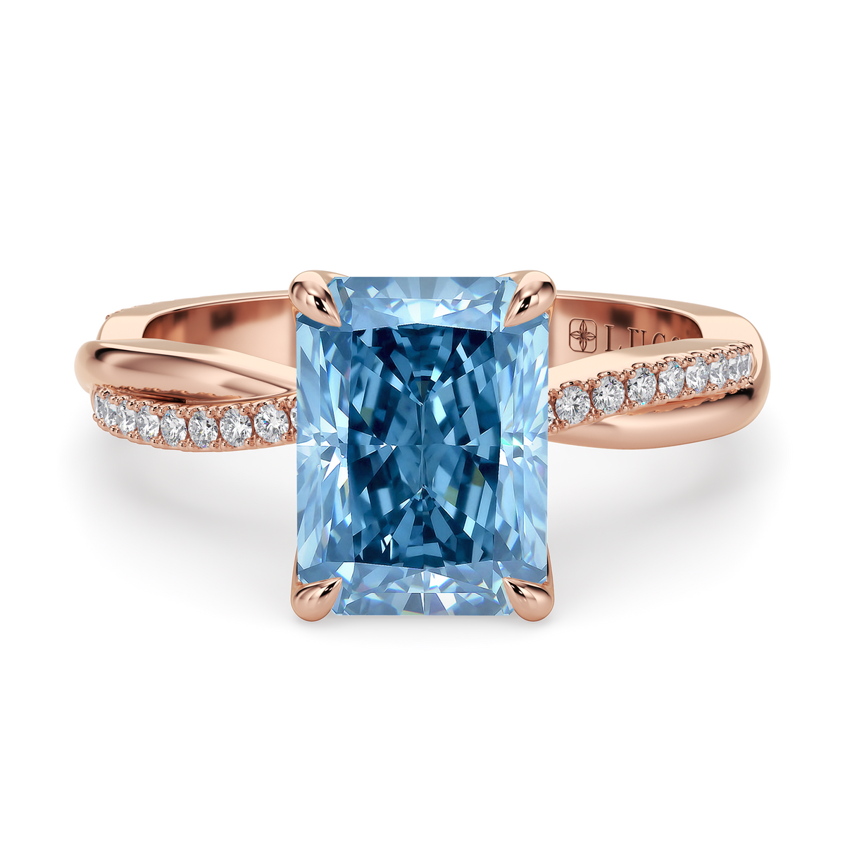 Load image into Gallery viewer, LUCCE Twisting Radiant Pave Blue Diamond Engagement Ring with Petal Prongs in Gold or Platinum
