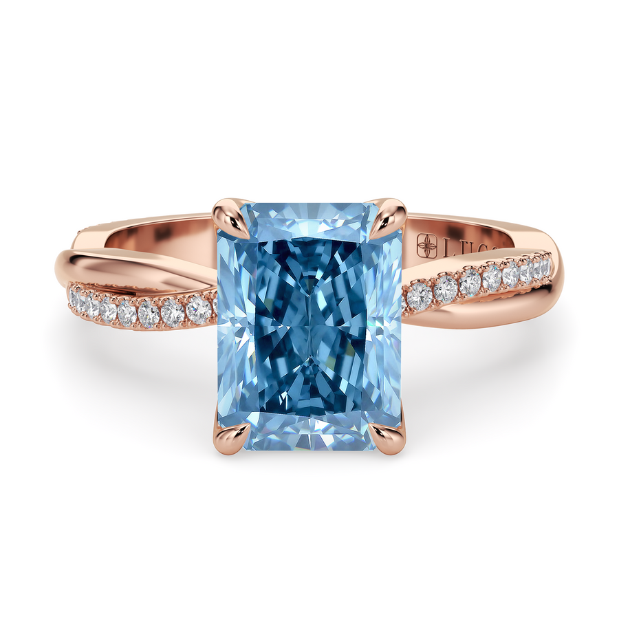 Load image into Gallery viewer, LUCCE Twisting Radiant Pave Blue Diamond Engagement Ring with Petal Prongs in Gold or Platinum
