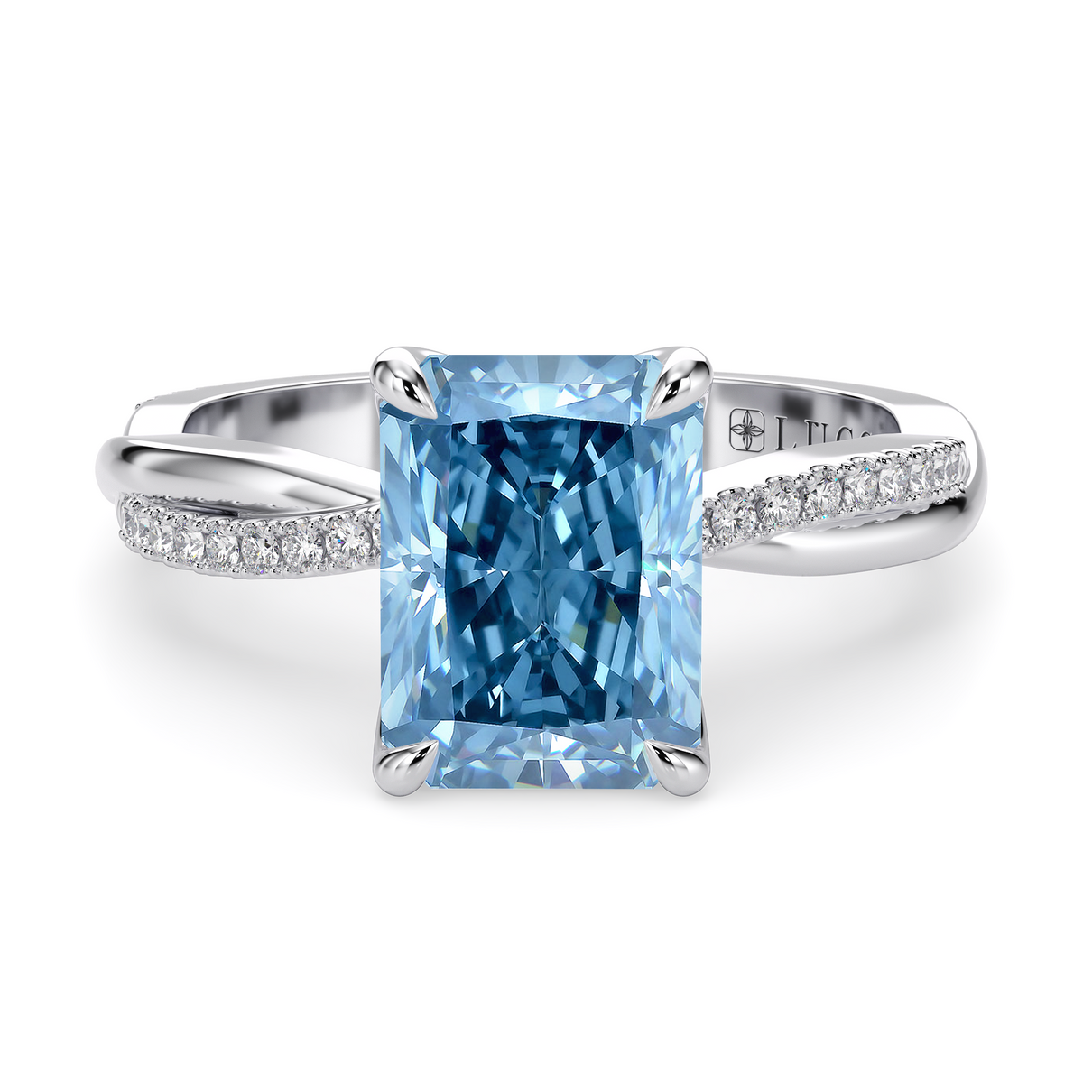 Load image into Gallery viewer, LUCCE Twisting Radiant Pave Blue Diamond Engagement Ring with Petal Prongs in Gold or Platinum

