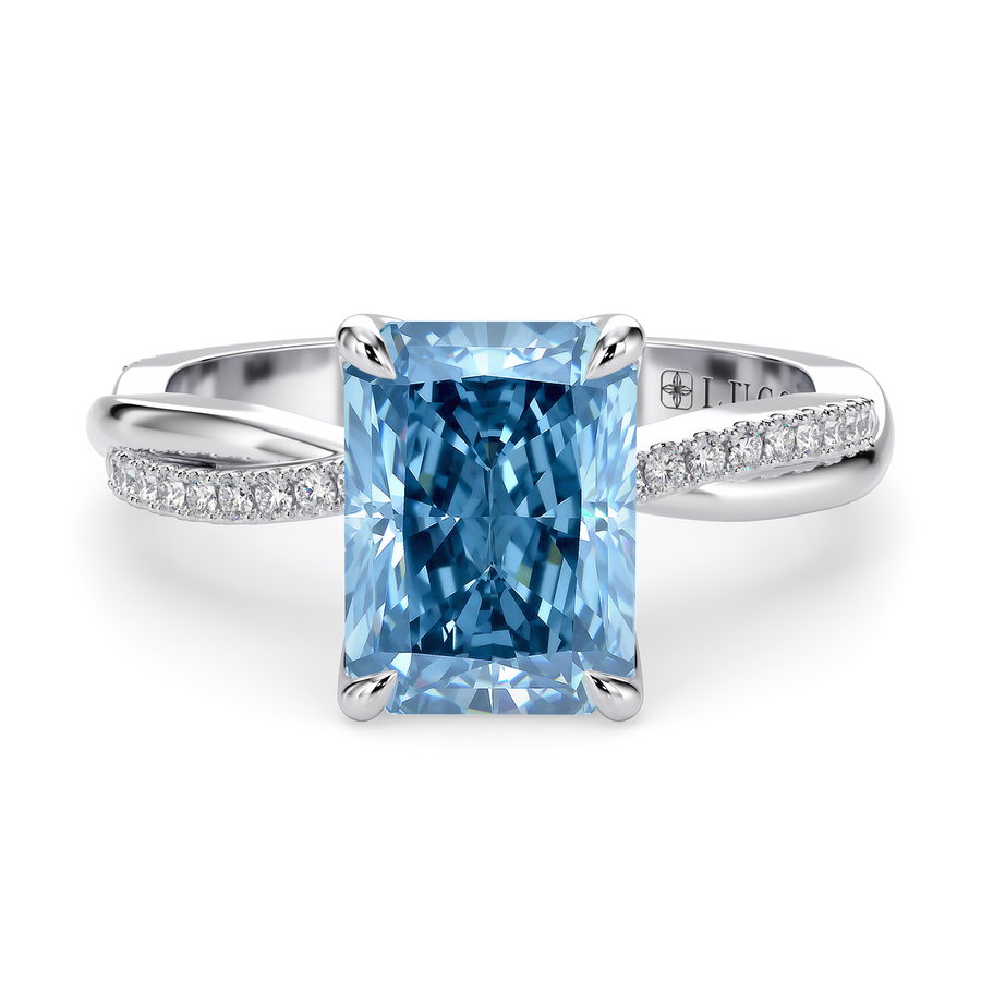 Load image into Gallery viewer, LUCCE Twisting Radiant Pave Blue Diamond Engagement Ring with Petal Prongs in Gold or Platinum
