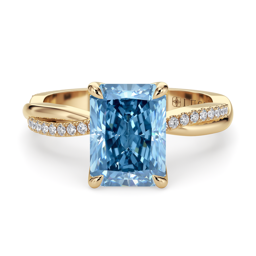 Load image into Gallery viewer, LUCCE Twisting Radiant Pave Blue Diamond Engagement Ring with Petal Prongs in Gold or Platinum
