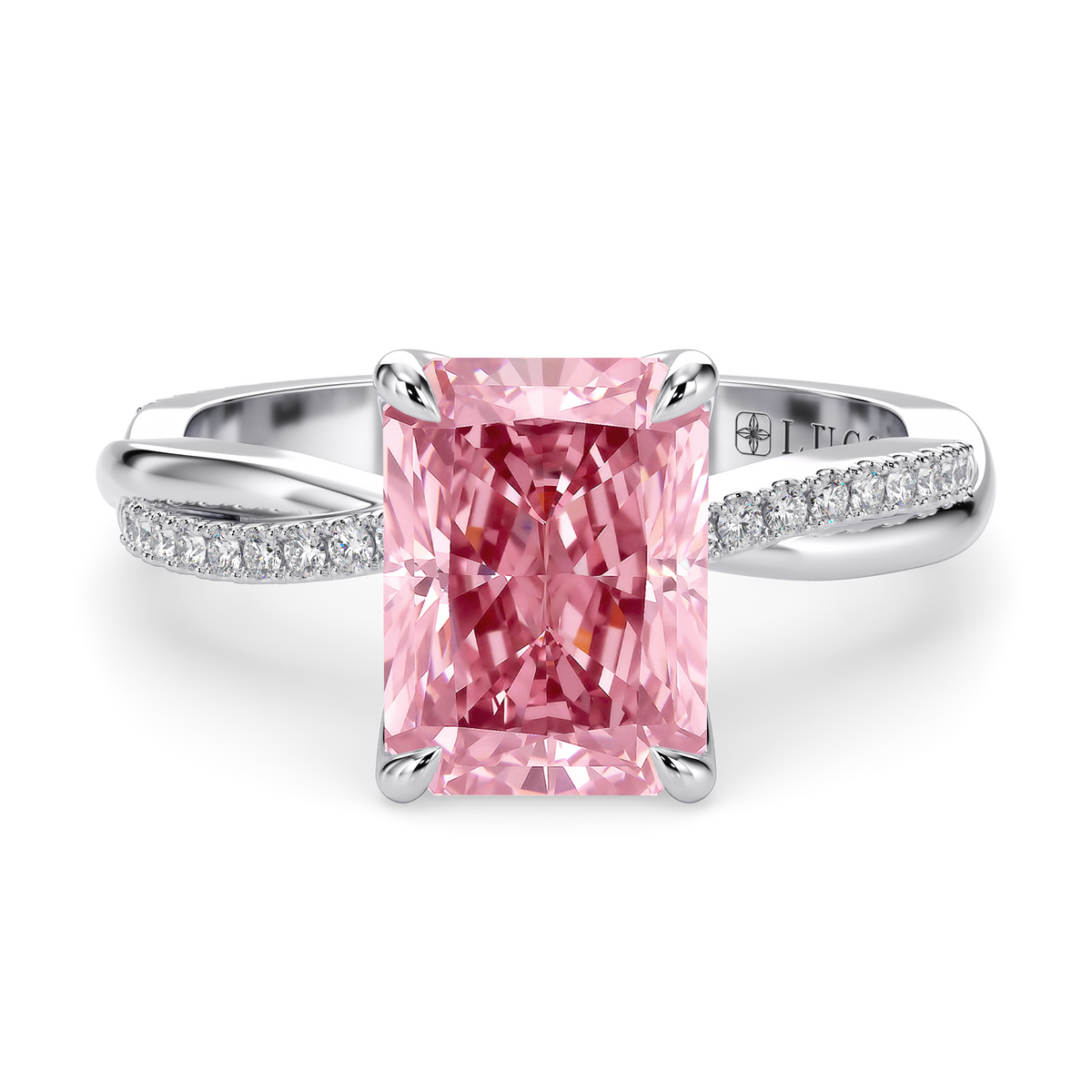 Load image into Gallery viewer, LUCCE Twisting Radiant Pave Pink Diamond Engagement Ring with Petal Prongs in Gold or Platinum
