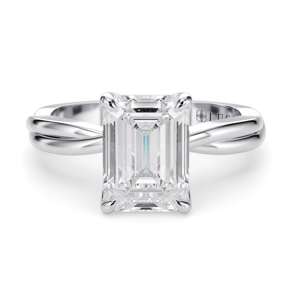 Load image into Gallery viewer, LUCCE Twisting Emerald Solitaire Diamond Engagement Ring with Petal Prongs in Gold or Platinum
