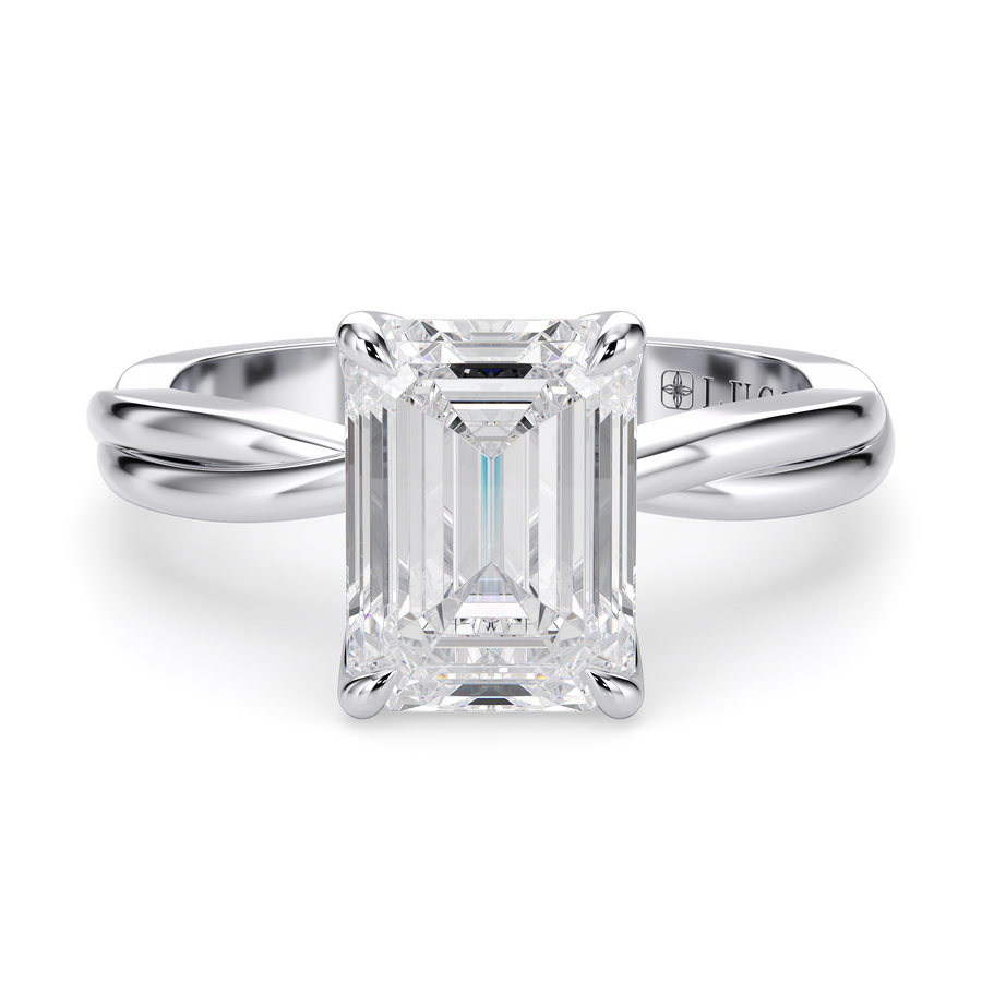 Load image into Gallery viewer, LUCCE Twisting Emerald Solitaire Diamond Engagement Ring with Petal Prongs in Gold or Platinum
