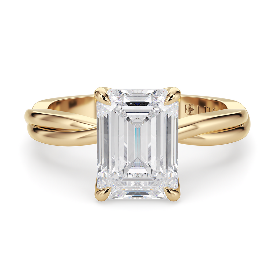 Load image into Gallery viewer, LUCCE Twisting Emerald Solitaire Diamond Engagement Ring with Petal Prongs in Gold or Platinum
