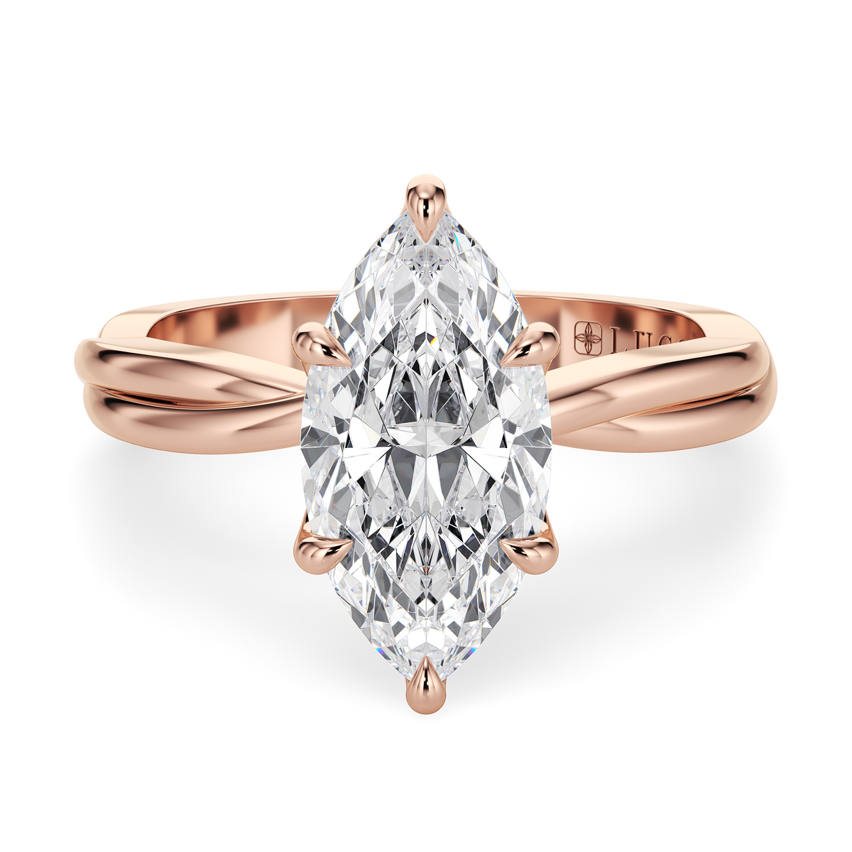 Load image into Gallery viewer, LUCCE Twisting Marquise Solitaire Diamond Engagement Ring with Petal Prongs in Gold or Platinum
