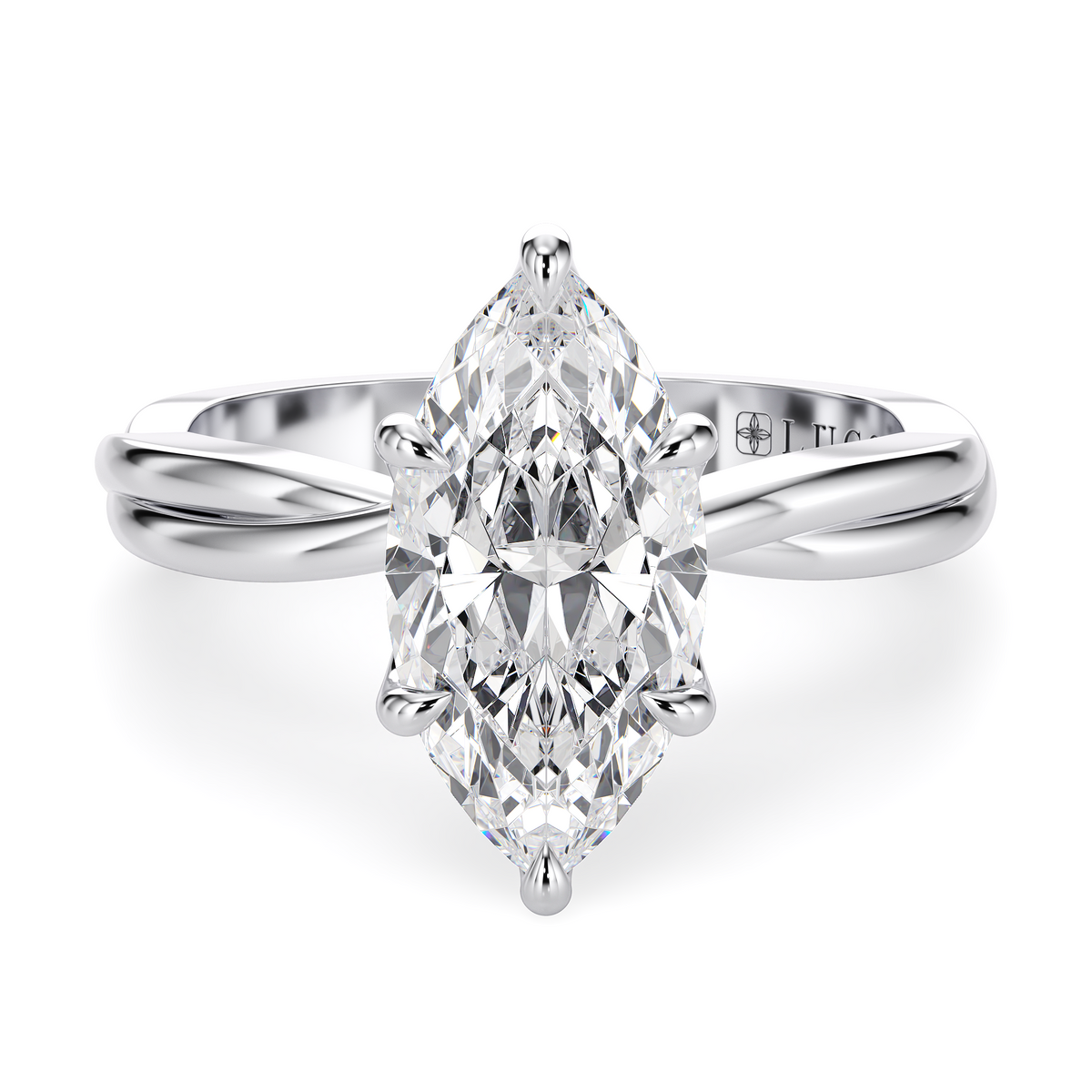 Load image into Gallery viewer, LUCCE Twisting Marquise Solitaire Diamond Engagement Ring with Petal Prongs in Gold or Platinum
