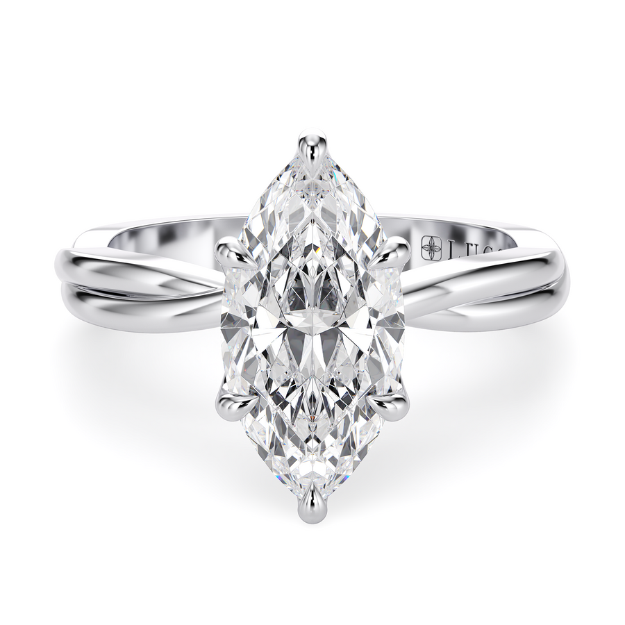 Load image into Gallery viewer, LUCCE Twisting Marquise Solitaire Diamond Engagement Ring with Petal Prongs in Gold or Platinum
