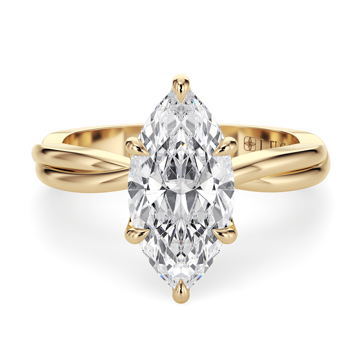 Load image into Gallery viewer, LUCCE Twisting Marquise Solitaire Diamond Engagement Ring with Petal Prongs in Gold or Platinum
