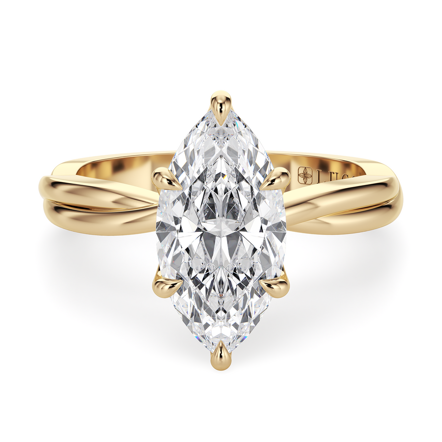 Load image into Gallery viewer, LUCCE Twisting Marquise Solitaire Diamond Engagement Ring with Petal Prongs in Gold or Platinum
