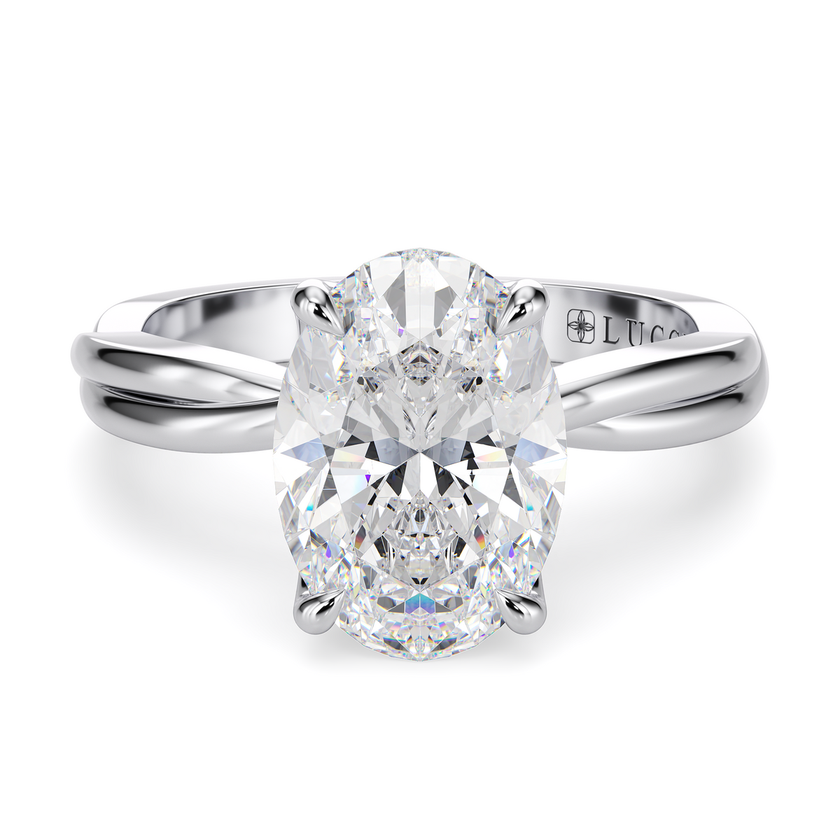 Load image into Gallery viewer, LUCCE Twisting Solitaire Oval  Diamond Engagement Ring with Petal Prongs in Gold or Platinum
