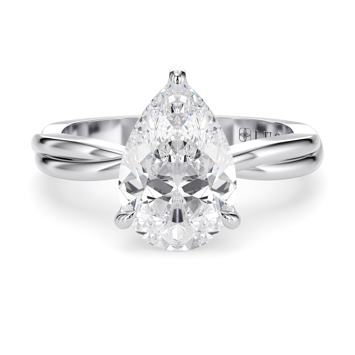 Load image into Gallery viewer, LUCCE Twisting Pear Solitaire Diamond Engagement Ring with Petal Prongs in Gold or Platinum
